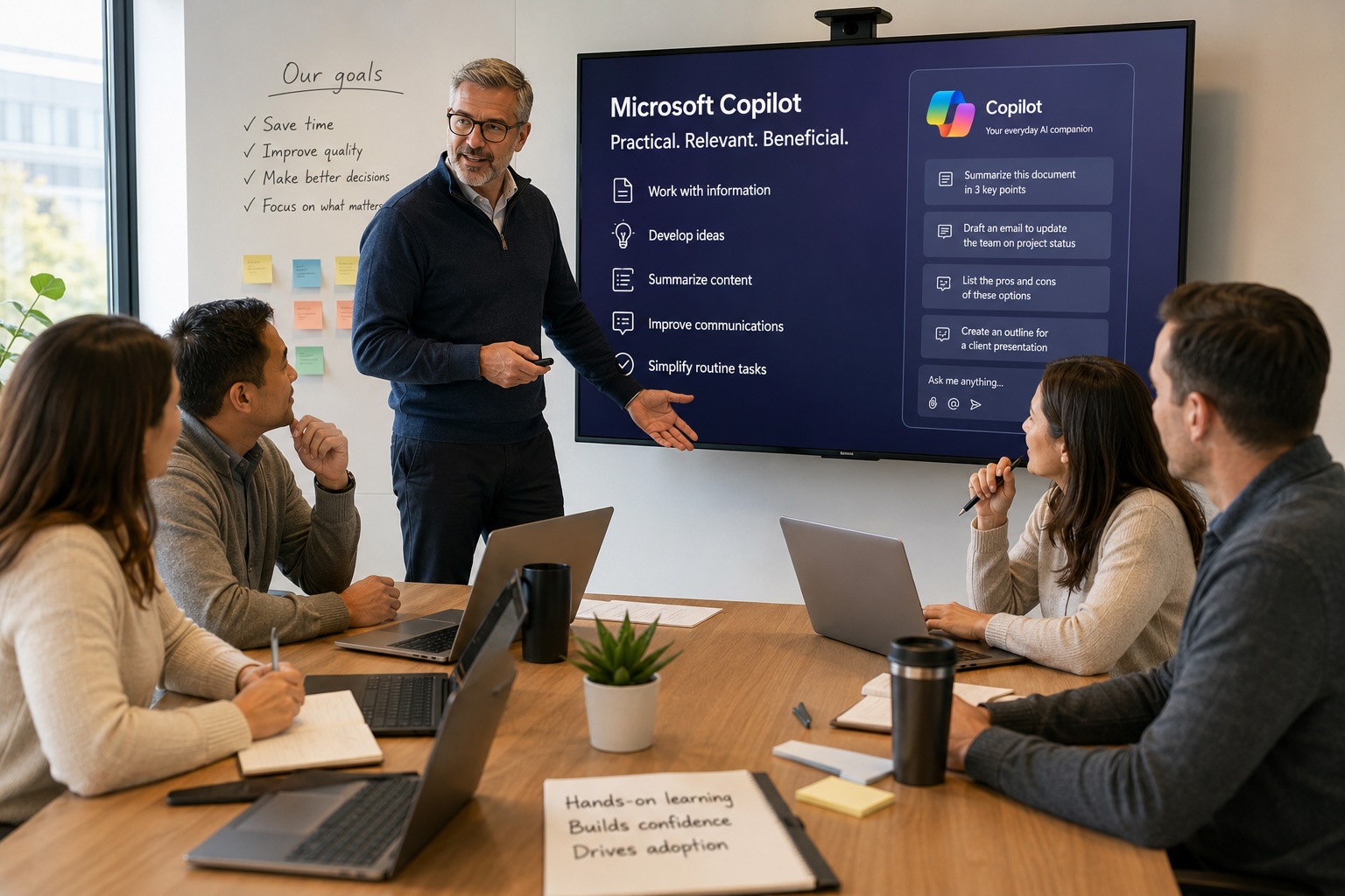 A presenter leading a hands-on Microsoft Copilot training session with several employees working on laptops around a conference table, with Copilot use cases visible on a wall-mounted monitor
